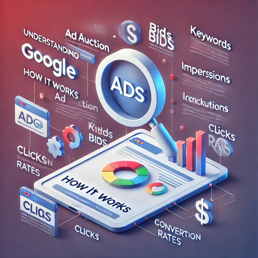 A digital illustration comparing key concepts of Google Ads vs Facebook Ads, highlighting features like Ad Auctions, Keywords, Bids, Impressions, Clicks, and Conversion Rates. The background has a modern gradient with central text, ‘Google Ads vs Facebook Ads,’ in bold, surrounded by relevant icons such as a magnifying glass for search, dollar signs for bidding, and charts for analytics.