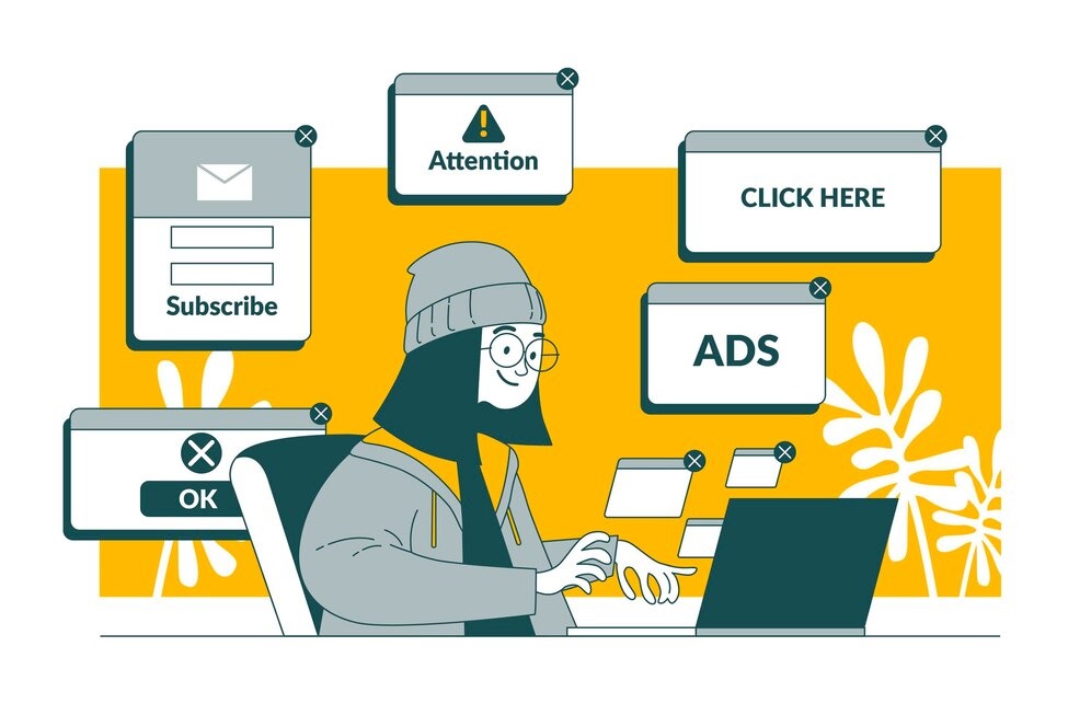 Illustration of a person working on a laptop surrounded by ad pop-ups including messages like 'Subscribe,' 'Click Here,' 'Attention,' and 'Ads,' representing the complexity of managing a Google Ads campaign.