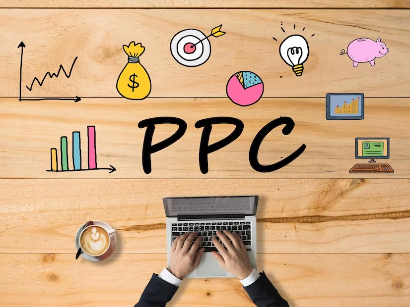 Hands typing on a laptop with the term 'PPC' in bold surrounded by various business and marketing icons like graphs, target, money bag, light bulb, pie chart, and computer on a wooden background, illustrating the comparison of SEO vs PPC strategies.