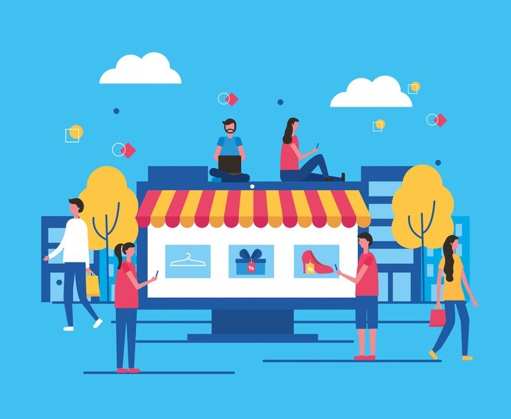 Illustration of people engaging with an online storefront, representing e-commerce and Local SEO strategy for small businesses.