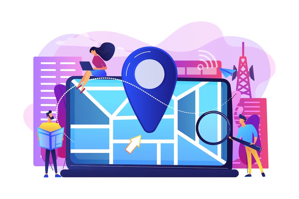 Illustration of people interacting with a large digital map on a screen, featuring a prominent location pin. The image represents local search optimization concepts, useful for highlighting the importance of local SEO in attracting nearby customers.