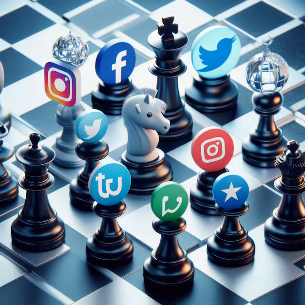 The image depicts a conceptual representation of **social media strategy** as a strategic chess game. Various platforms such as YouTube, Facebook, Twitter, TikTok, and Instagram are symbolized as chess pieces on a chessboard. The pieces are arranged to indicate the tactical nature of managing these platforms, emphasizing the competitive and strategic aspects of marketing across these social media networks. The background is neutral, drawing focus to the chessboard and its pieces, with a sense of strategic planning and decision-making suggested by the arrangement.
