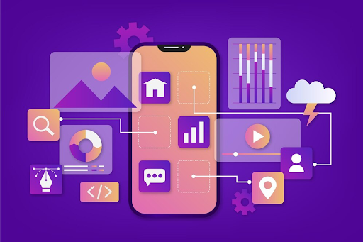 Illustration of modern web development trends with icons representing various elements like coding, analytics, design, mobile responsiveness, and cloud integration, all connected to a smartphone interface on a purple background.