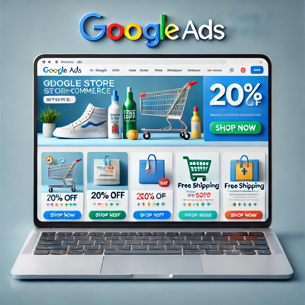 A clean, modern Google Ads for E-commerce promotional image showing a laptop screen displaying an online store interface. The store features vibrant product images, price tags, and promotional banners like '20% off' and 'Free Shipping.' The image includes a clear 'Google Ads for E-commerce' label and a prominent 'Shop Now' button, with a professional color scheme that emphasizes trust and action.