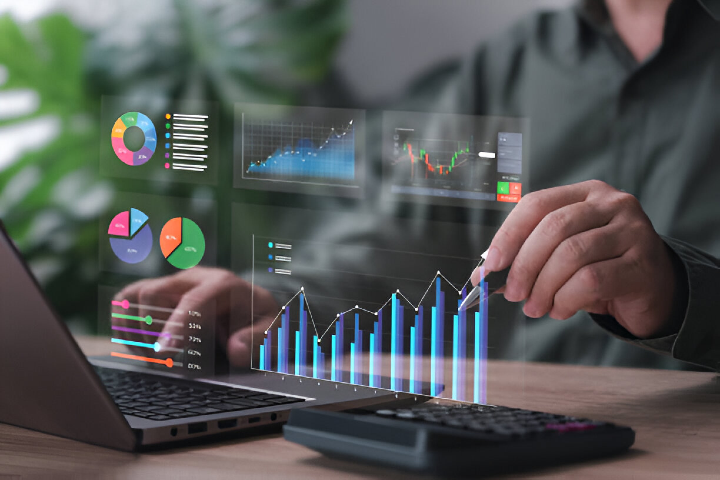 Professional analyzing digital graphs and charts on a laptop, with holographic visualizations of data analytics, showcasing strategies for start-up SEO and business growth optimization.