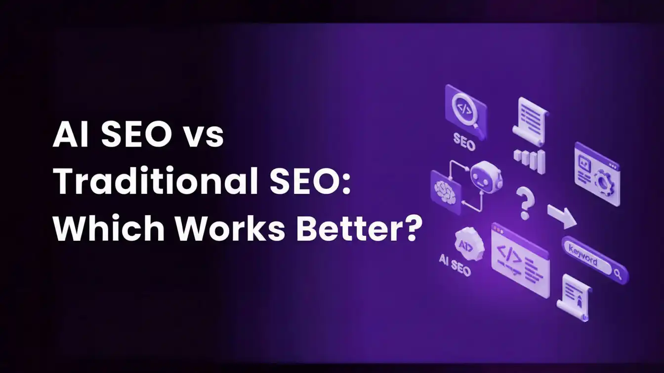 traditional seo vs ai seo comparison showing modern AI-driven SEO tools versus traditional search optimization methods in a futuristic digital design