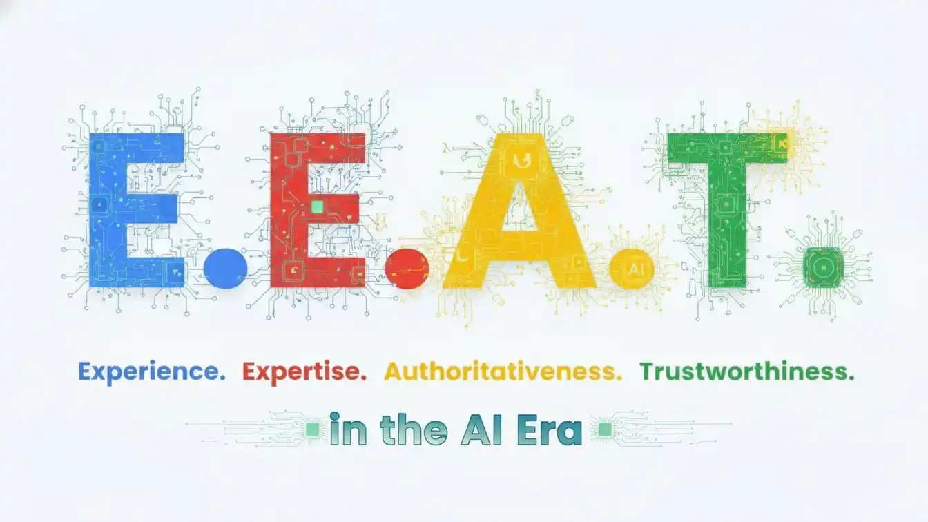 E.E.A.T concept graphic showing Experience, Expertise, Authoritativeness, and Trustworthiness represented through circuit-style letters, highlighting how content quality signals evolve in the AI era.