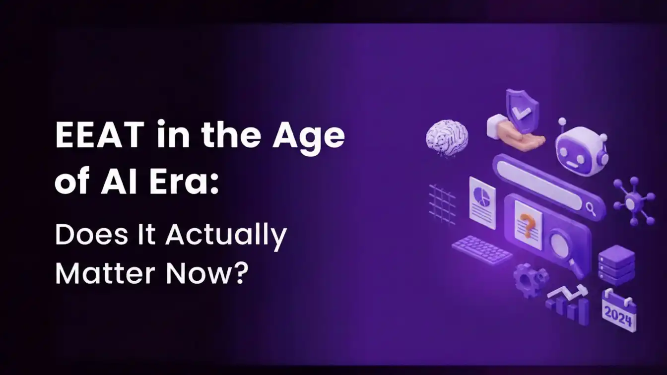 EEAT in the age of AI era concept image with a purple futuristic design showing AI interface, chatbot, brain, trust shield, and data elements, highlighting Experience, Expertise, Authoritativeness, and Trustworthiness in modern AI-driven search and content evaluation.