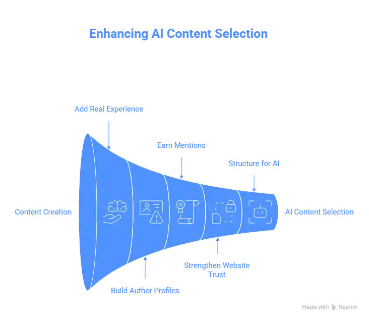 Funnel-style infographic titled ‘Enhancing AI Content Selection’ showing the journey from Content Creation to AI Content Selection. The funnel narrows step by step with stages labeled: Add Real Experience, Build Author Profiles, Earn Mentions, Strengthen Website Trust, and Structure for AI, illustrating how improving E-E-A-T and content quality helps AI systems select content.