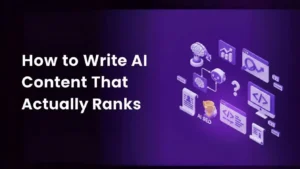 How to write ai content illustrated through a futuristic AI SEO workflow, showing content creation, optimization, analysis, and ranking elements designed to help AI-written content perform well in search results.