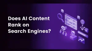 Illustration answering does ai content rank, showing an AI system analyzing webpages, search results, and ranking signals to explain how AI-generated content performs on search engines.