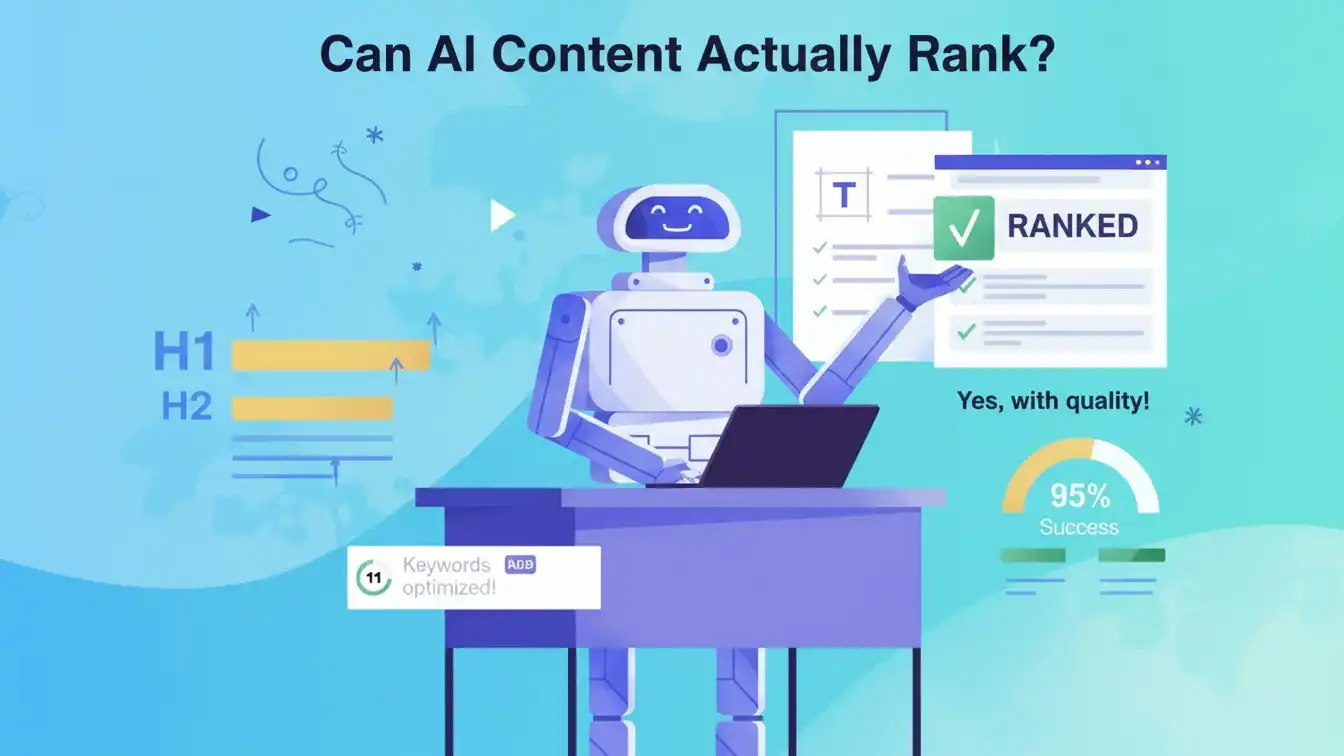 Visual of an AI assistant optimizing content structure with headings, keywords, and ranking indicators, representing how quality-focused AI content can achieve strong search rankings.