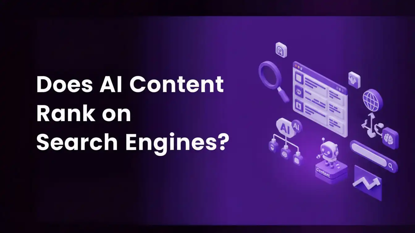 Illustration answering does ai content rank, showing an AI system analyzing webpages, search results, and ranking signals to explain how AI-generated content performs on search engines.