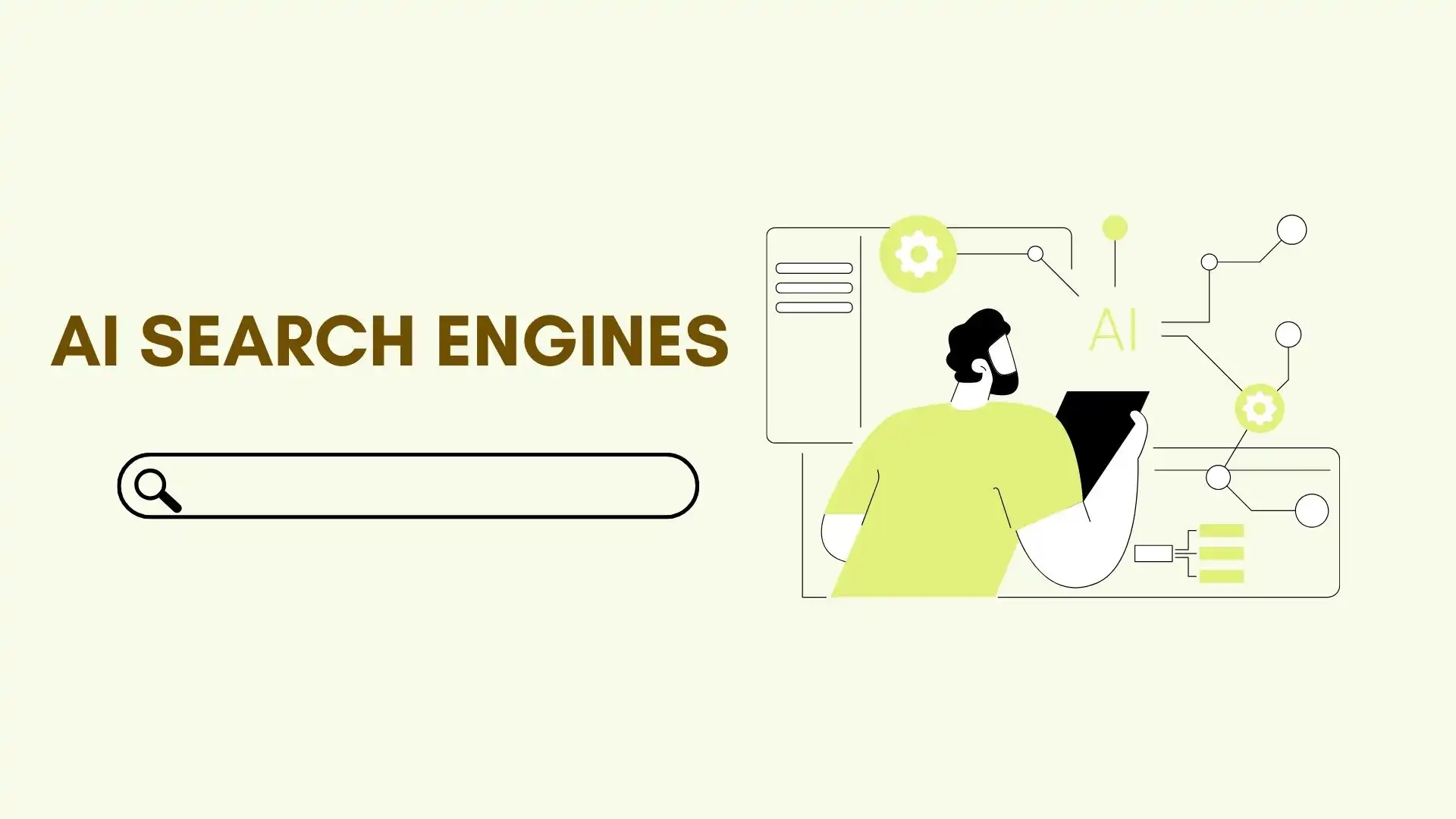 Concept illustration of AI search engines showing a user interacting with intelligent search technology, data connections, and automated information processing.