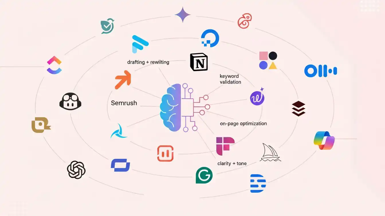 AI content optimization ecosystem visual displaying multiple SEO and writing tools connected around an AI core, representing drafting, rewriting, keyword validation, and on-page optimization.