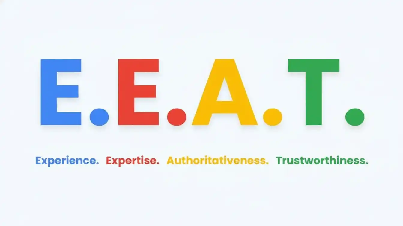 Google E.E.A.T graphic displaying Experience, Expertise, Authoritativeness, and Trustworthiness, illustrating how EEAT in the age of AI era remains a key factor in evaluating content quality and search rankings.