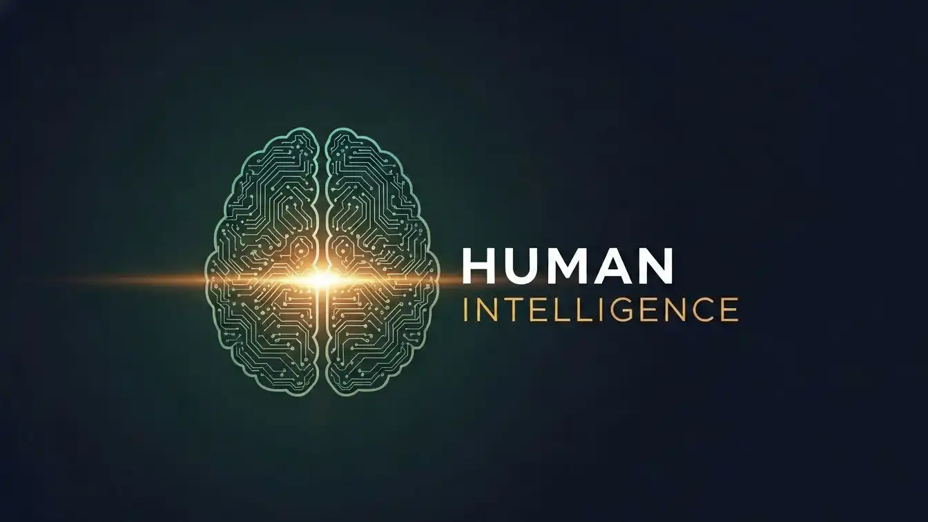 Human intelligence concept visual showing a digital brain with glowing center, representing creativity, critical thinking, and human judgment in content creation.