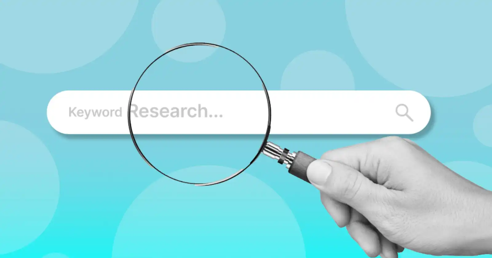Keyword research concept image showing a search bar examined through a magnifying glass, symbolizing search intent analysis and keyword discovery for SEO strategy.