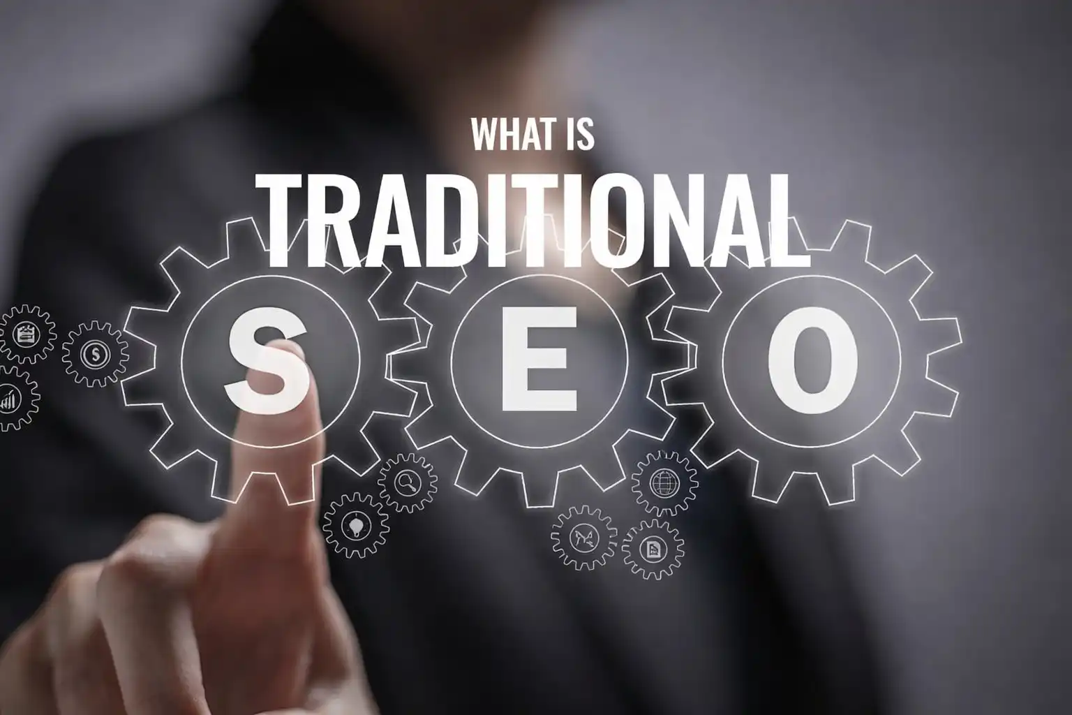 traditional seo process visualized with gears, keywords, and on-page optimization elements