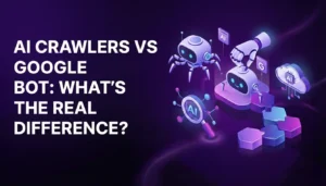 Illustration comparing AI crawlers and Googlebot analyzing website content