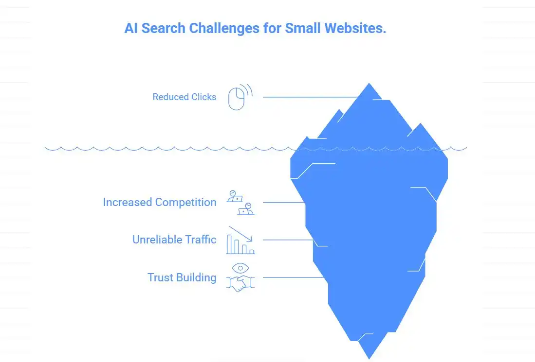 Graphic highlighting challenges of AI SEO for small websites-hackandgrow