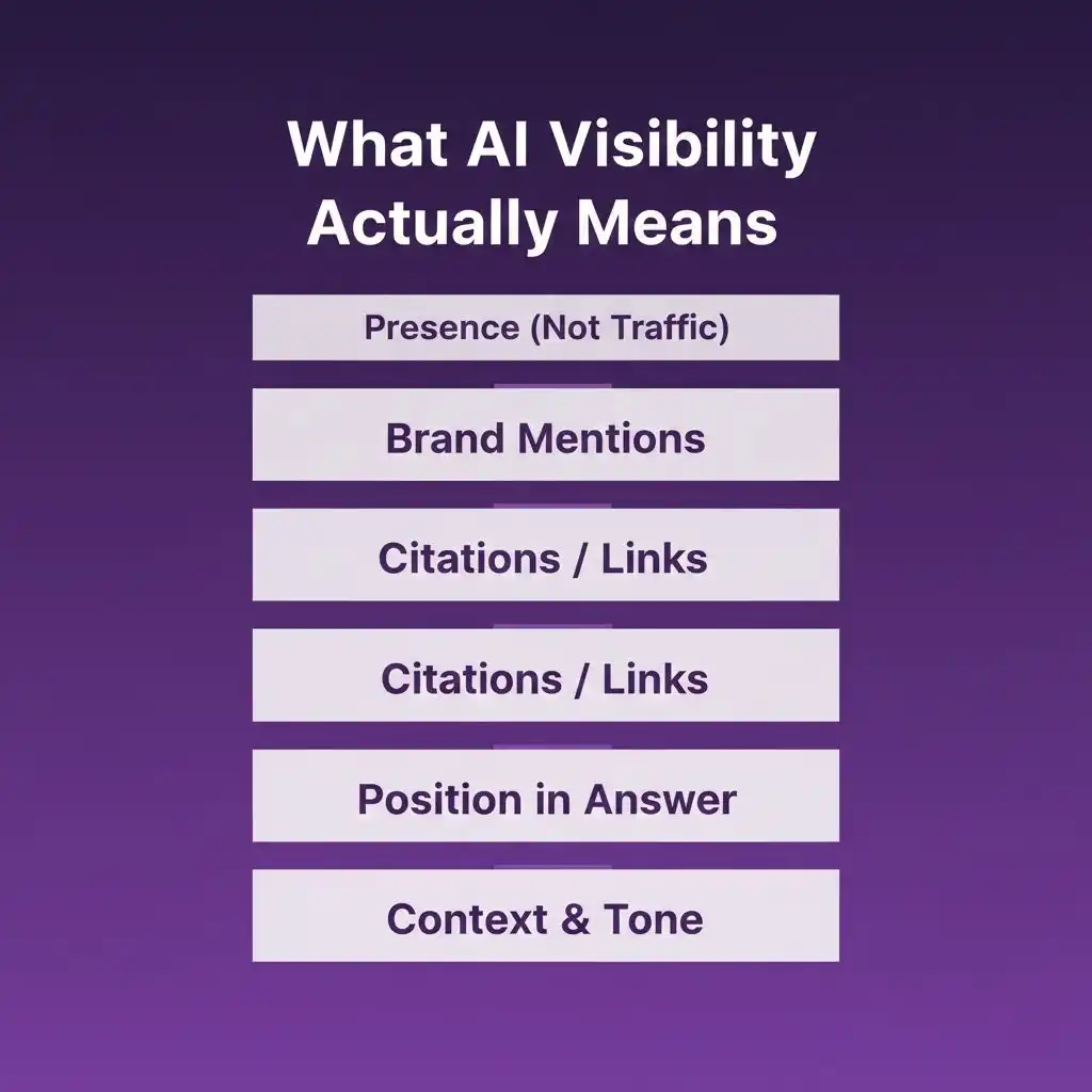 Graphic explaining what AI visibility actually means including brand mentions and citations