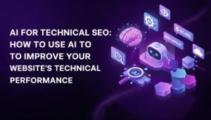 Illustration showing AI for Technical SEO improving website technical performance with automation