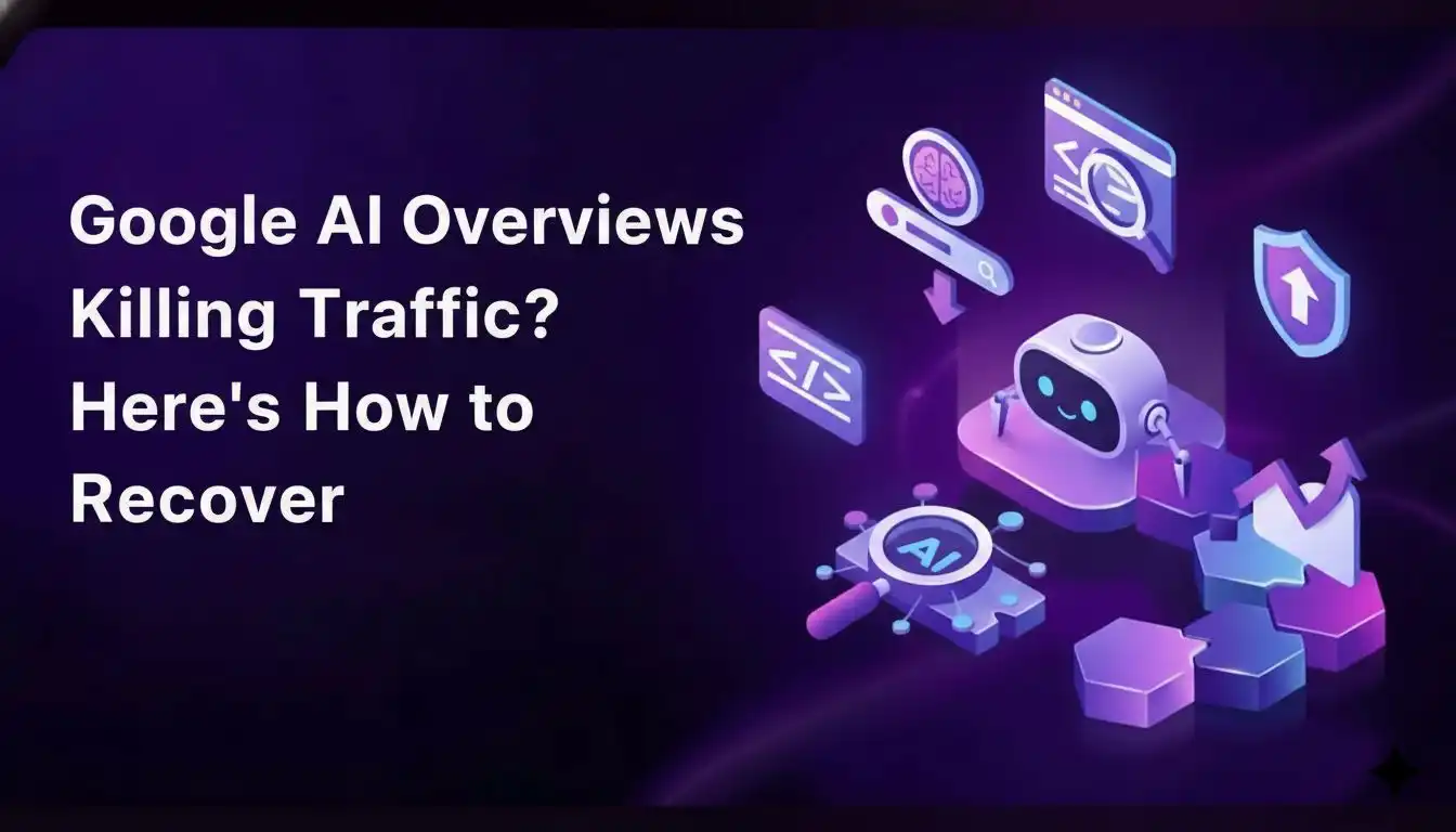 Illustration explaining impact of Google AI overviews on website traffic recovery-hackandgrow