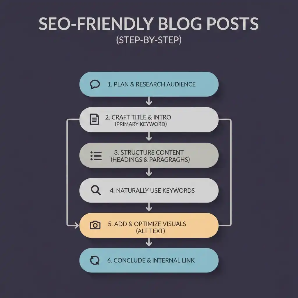 SEO-friendly blog posts step-by-step process explaining how to write SEO-friendly blog posts with proper structure and keywords-hackandgrow