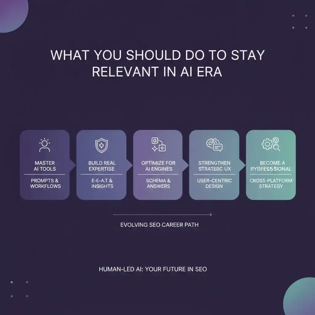 Checklist graphic explaining how to stay relevant in the AI era-hackandgrow
