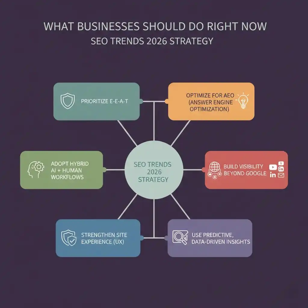 Diagram outlining SEO trends 2026 strategy for businesses adapting to AI-hackandgrow