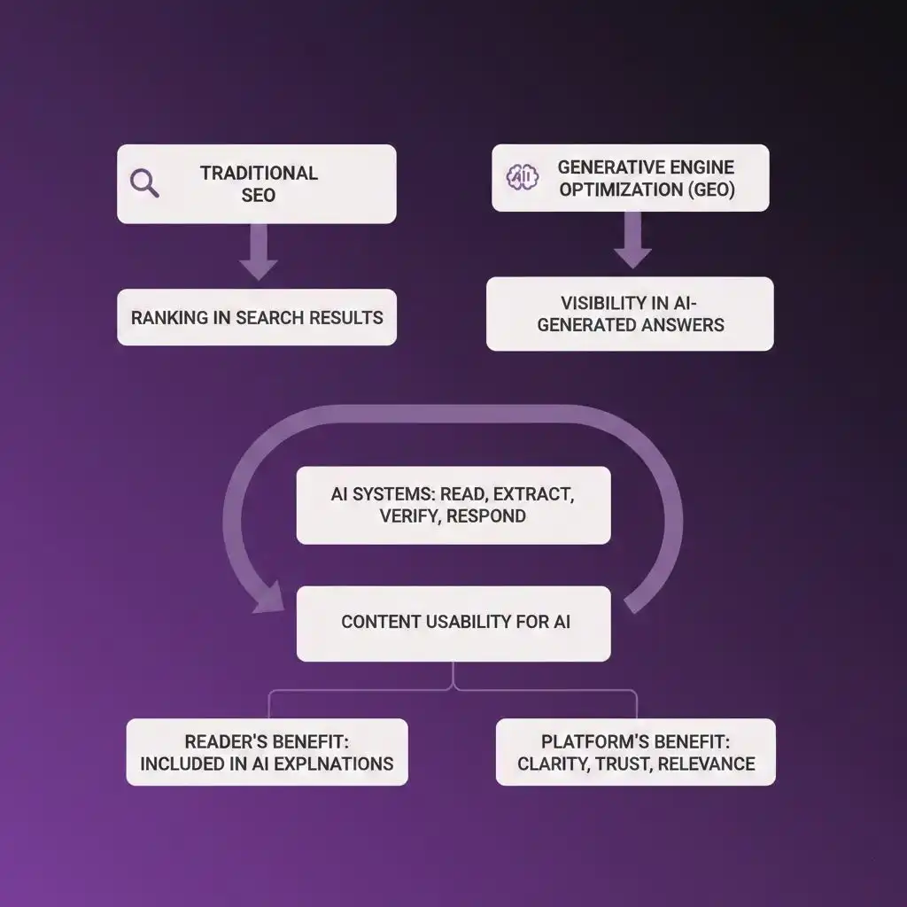 Flow diagram showing how generative engine optimization improves visibility in AI-generated answers