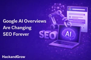 A purple gradient digital marketing graphic featuring futuristic AI and SEO-themed illustrations, including a robotic arm, a laptop displaying an AI brain, and a search interface. Bold white text reads “Google AI Overviews Are Changing SEO Forever,” with the brand name “HackandGrow” displayed at the bottom.