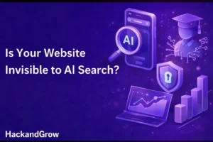 Is Your Website Invisible to AI Search? Futuristic SEO graphic with AI search mobile, magnifying glass, analytics chart, security shield, and growth bars by HackandGrow.