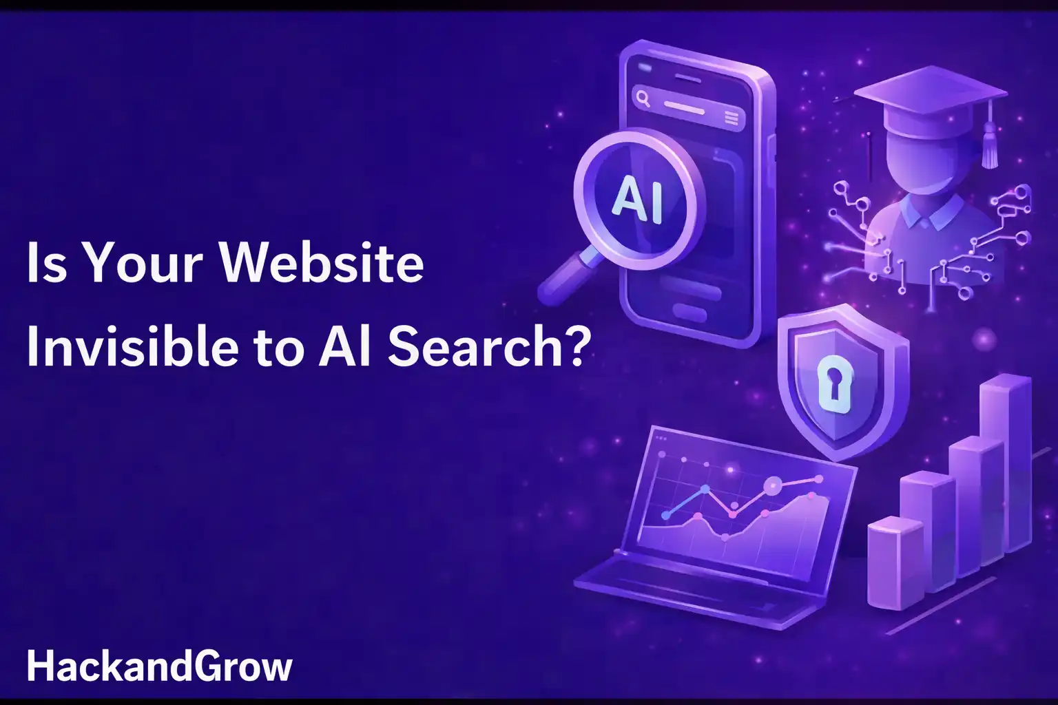 Is Your Website Invisible to AI Search? Futuristic SEO graphic with AI search mobile, magnifying glass, analytics chart, security shield, and growth bars by HackandGrow.