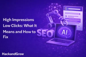 A purple gradient digital marketing graphic with glowing particles, featuring AI and SEO-themed visuals such as a robotic arm, a laptop displaying an AI brain, and a search interface. Bold white text reads “High Impressions Low Clicks: What It Means and How to Fix,” with the brand name “HackandGrow” at the bottom.