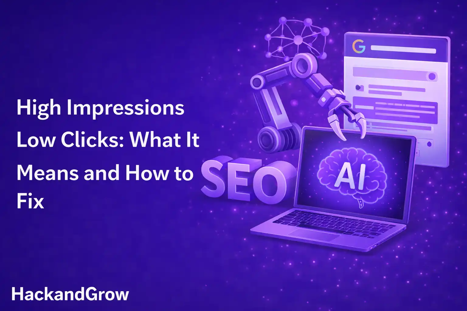 A purple gradient digital marketing graphic with glowing particles, featuring AI and SEO-themed visuals such as a robotic arm, a laptop displaying an AI brain, and a search interface. Bold white text reads “High Impressions Low Clicks: What It Means and How to Fix,” with the brand name “HackandGrow” at the bottom.
