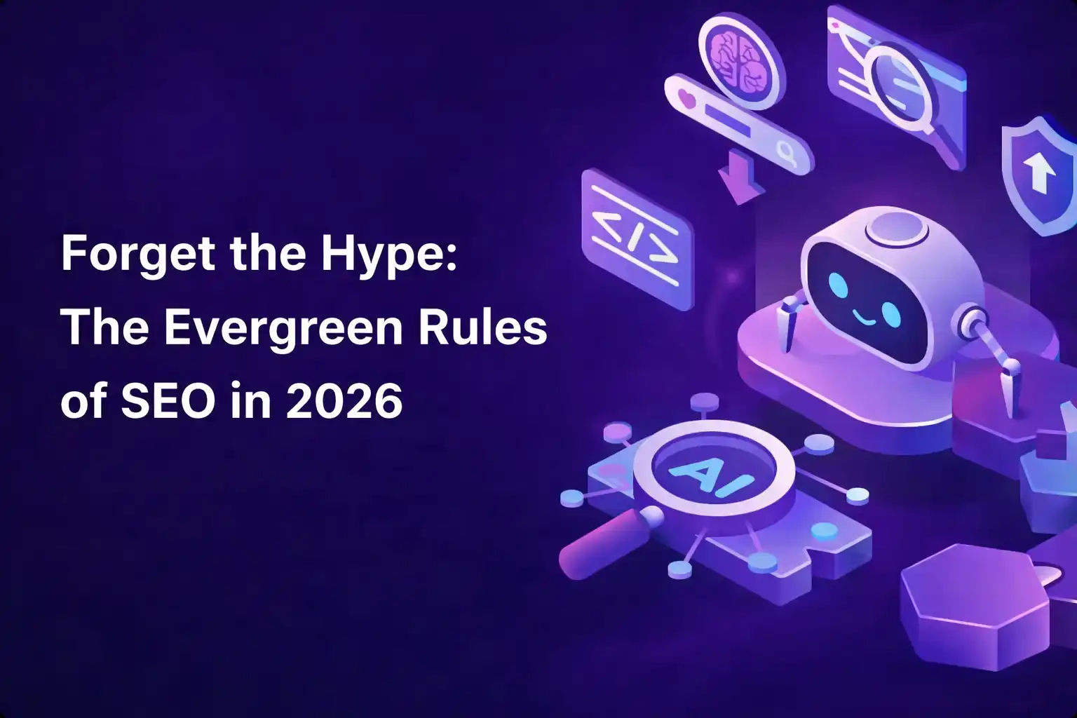 Illustration of a friendly AI robot with search and optimization icons on a purple gradient background, alongside the title “Forget the Hype: The Evergreen Rules of SEO in 2026”.hackandgrow