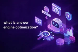 Hack and Grow illustration showing the concept of Answer Engine Optimization (AEO) with a futuristic AI robot, search icons, and the text “What is Answer Engine Optimization?” on a purple gradient background.