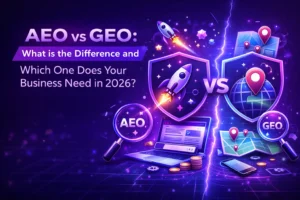AEO vs GEO comparison banner by HackandGrow featuring neon-style design with search optimization and location targeting elements, highlighting differences for businesses in 2026