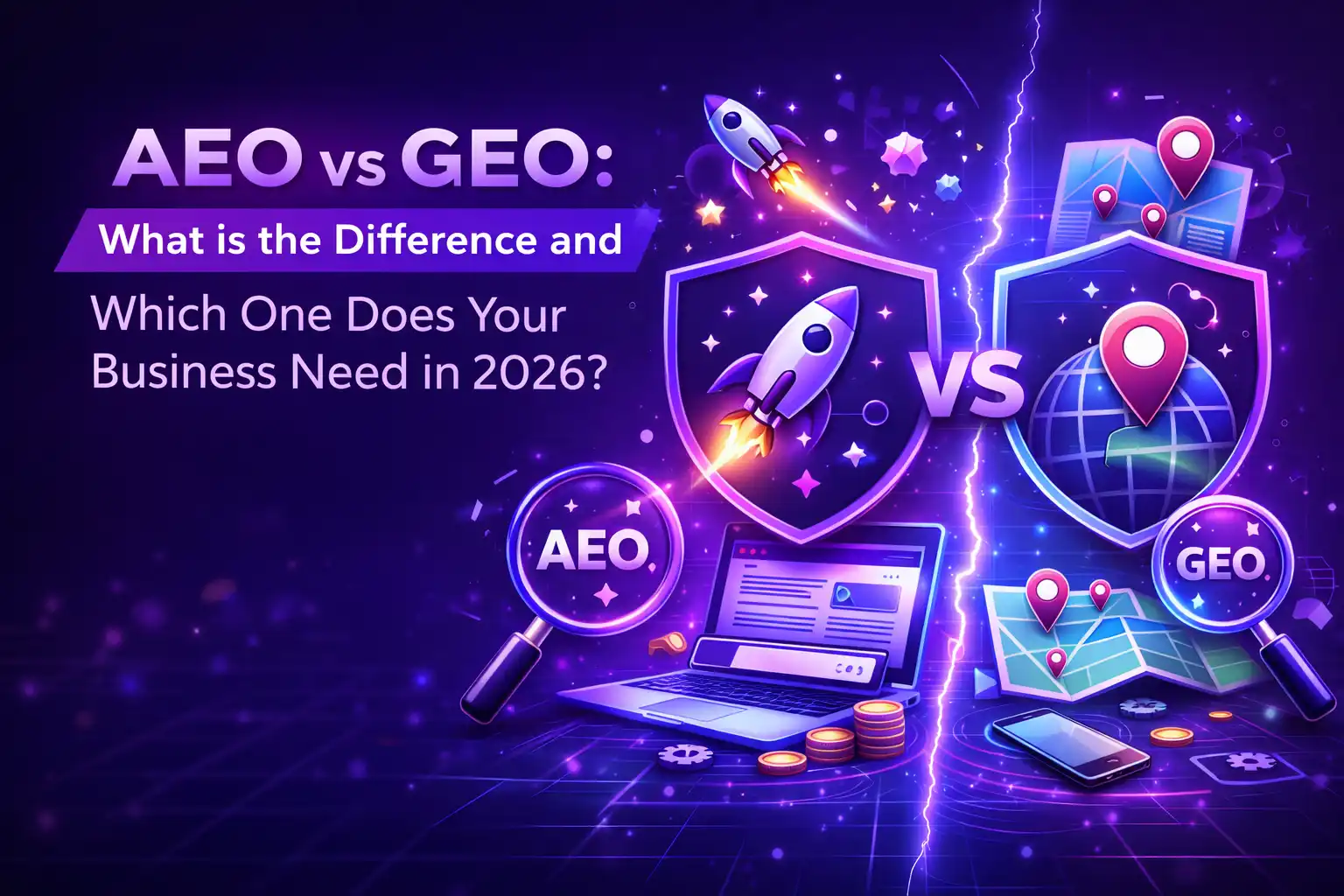 AEO vs GEO comparison banner by HackandGrow featuring neon-style design with search optimization and location targeting elements, highlighting differences for businesses in 2026