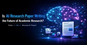 AI research paper writing concept showing digital brain, data to research paper process and academic writing automation