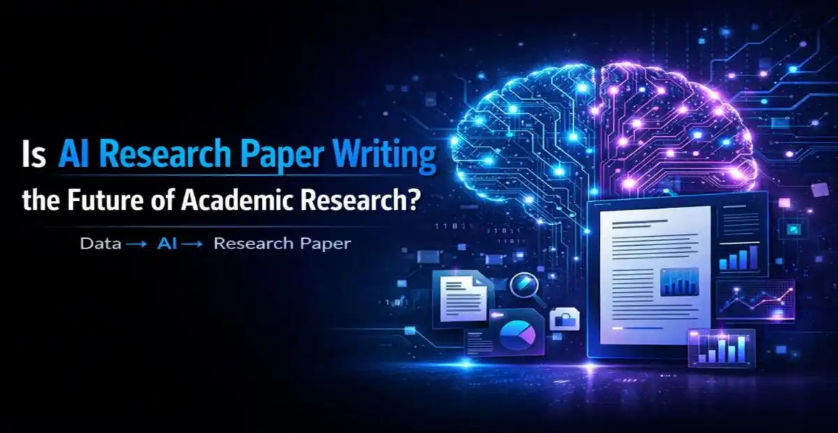 AI research paper writing concept showing digital brain, data to research paper process and academic writing automation