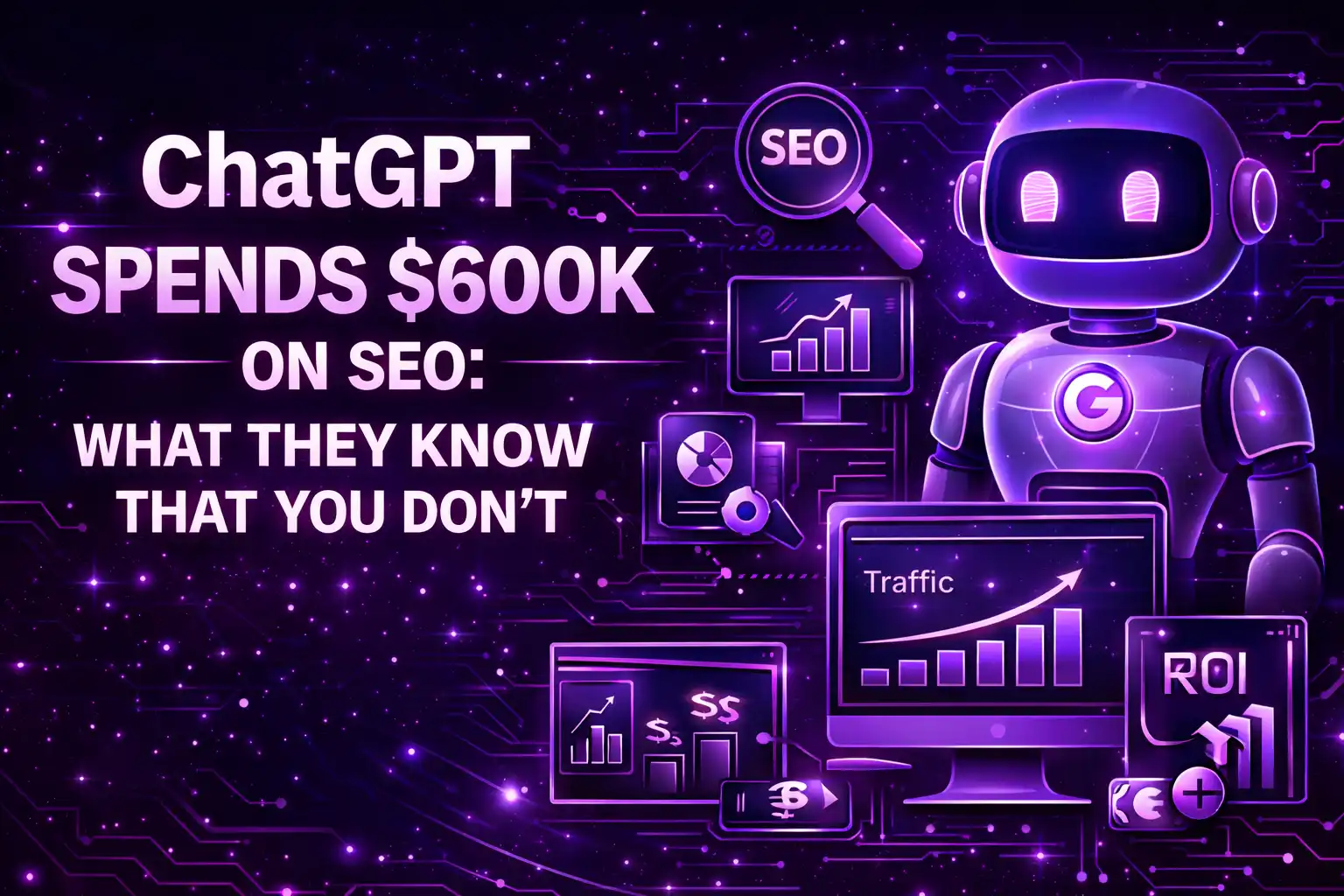 Futuristic purple illustration of ChatGPT SEO strategy with robot, analytics dashboards, traffic growth charts, and title “ChatGPT Spends $600K on SEO: What They Know That You Don’t”