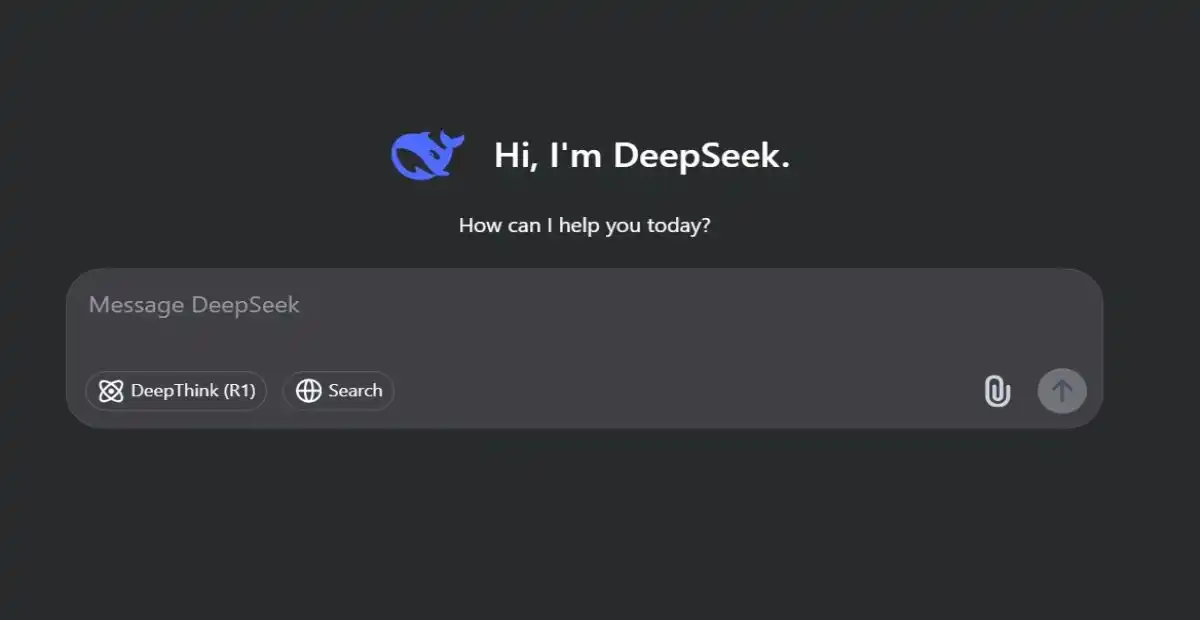 DeepSeek AI chat interface screen with welcome message, input box, and options like DeepThink R1 and search for user interaction.