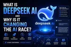 DeepSeek AI concept poster showing futuristic blue whale logo, AI chatbot interface, and features like advanced reasoning, high performance, cost-effective, and secure technology.