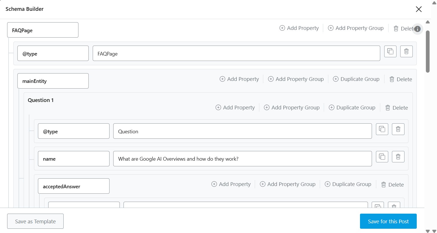FAQPage schema builder setup for structured data markup and SEO optimization in WordPress website editor