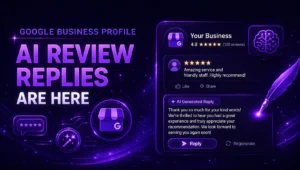 Futuristic purple-themed illustration showing AI-powered Google Business Profile review replies with glowing interface, review cards, and automated response elements