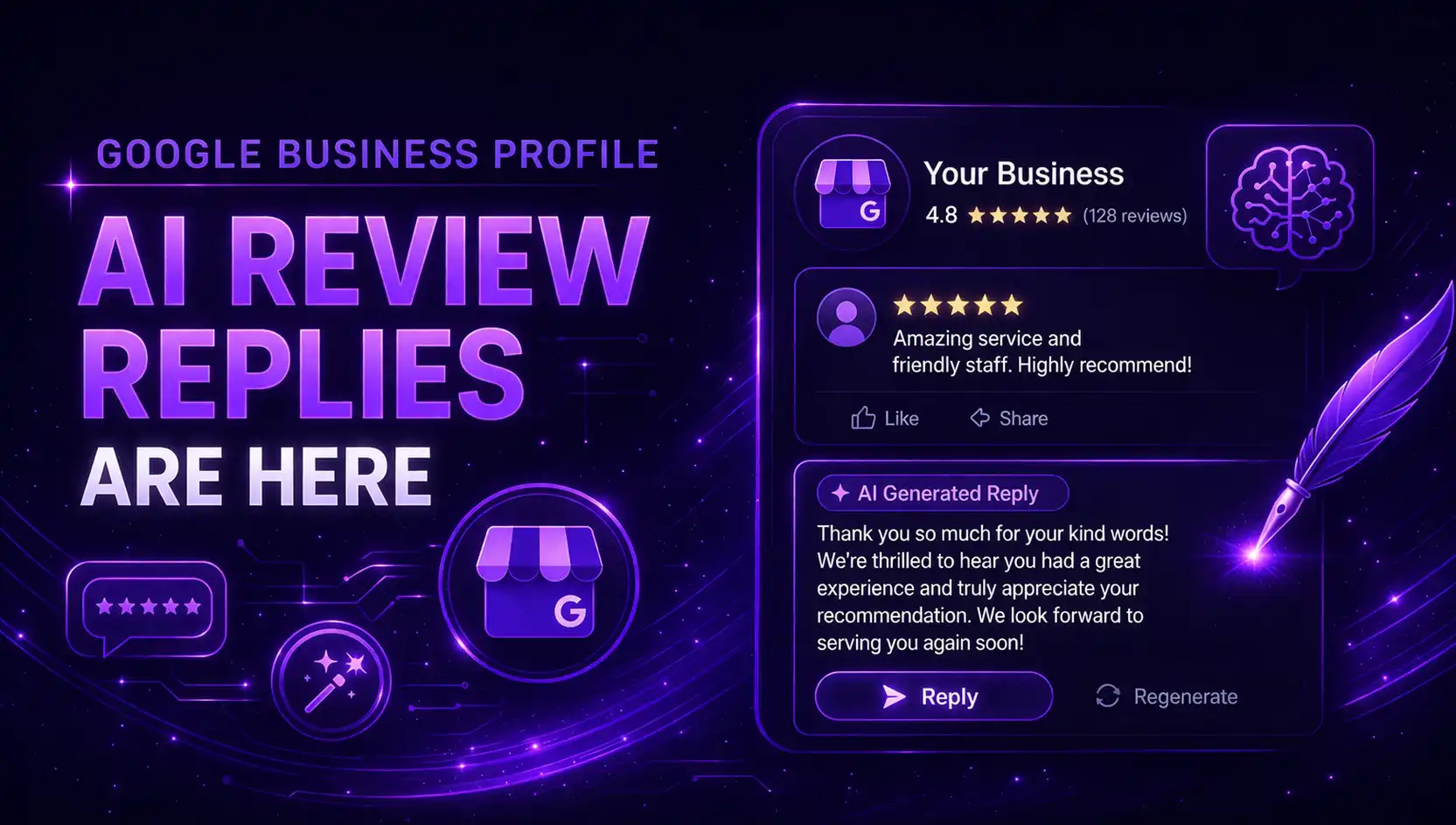 Futuristic purple-themed illustration showing AI-powered Google Business Profile review replies with glowing interface, review cards, and automated response elements