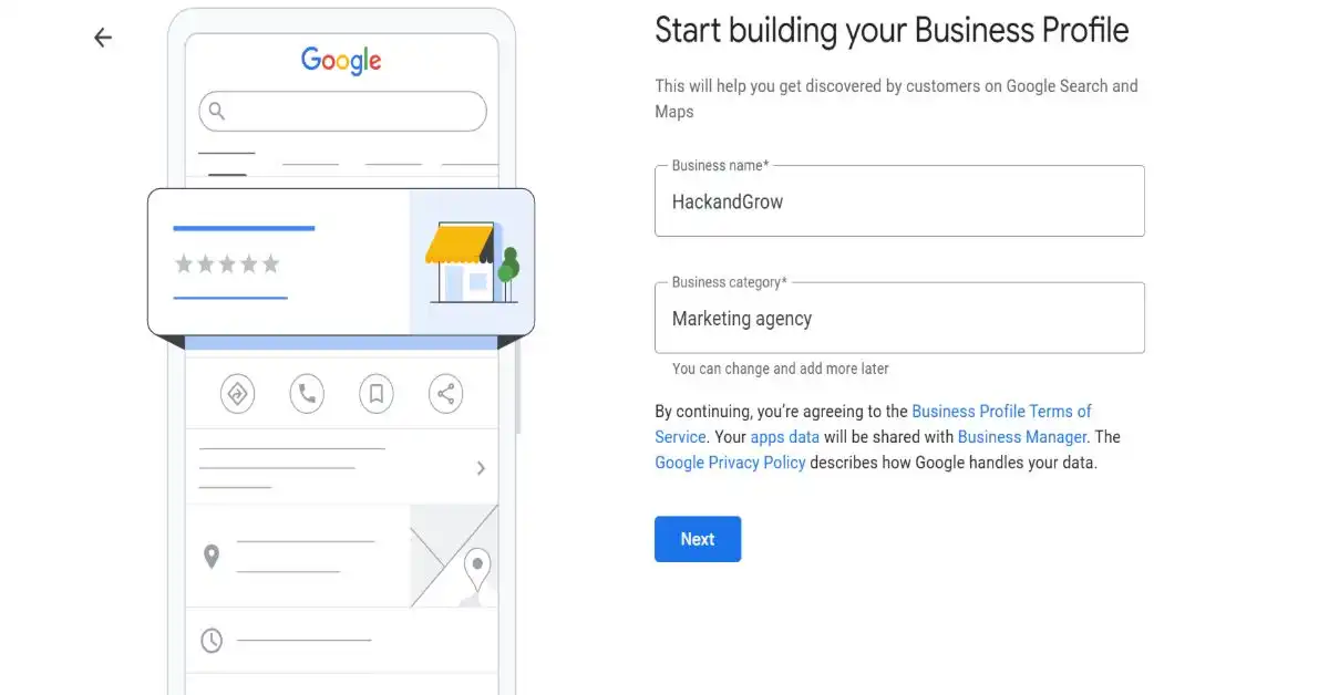 Adding business name and category in Google Business Profile setup step by step guide by Hack and Grow